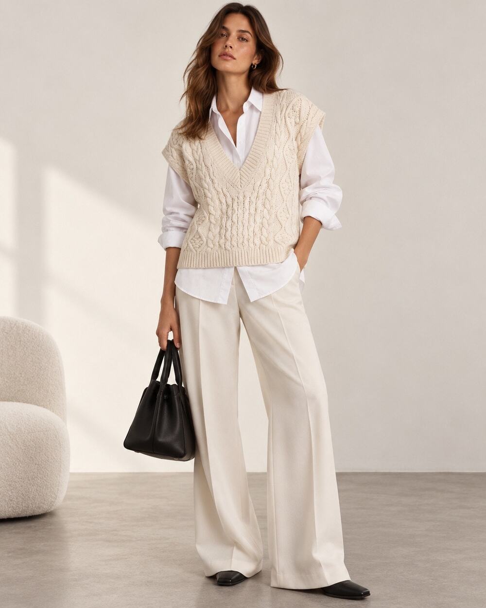 LOULOU STUDIO Torreta Cable Knit Wool Cashmere Sweater Vest Ivory XS